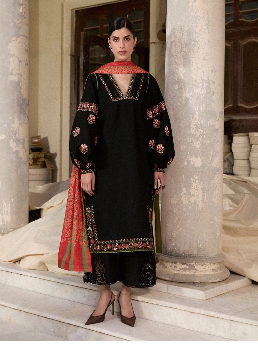 Hussain Rehar Black Embroidered Kurta Set with Coral-Red Dupatta